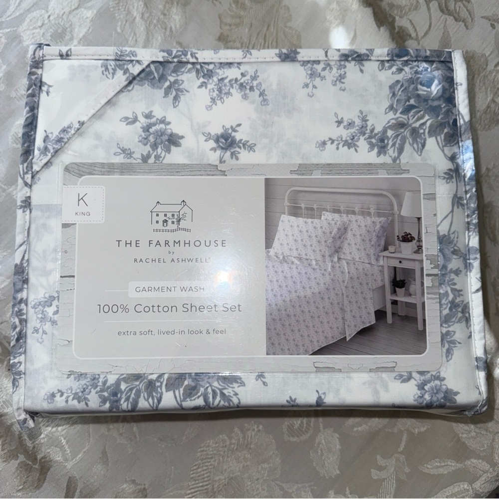 Shabby chic cotton king sheet set roses blue new